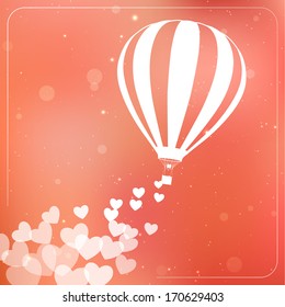 Hot air balloon with flying hearts. Romantic silhouette concept card