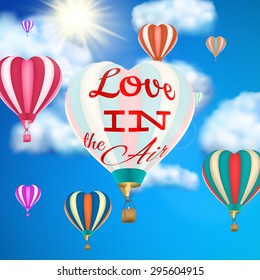 Hot air balloon flying hearts romantic concept. EPS 10 vector file included