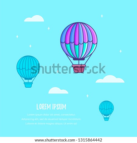 Hot air balloon flying high in the sky. Colorful banner, card desight. Flat style line art illustration.