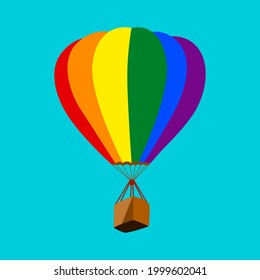Hot air balloon - flying machine LGBT flag color on blue background, vector illustration