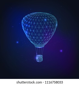 Hot air balloon flying in the night sky. Abstract geometric background. Wireframe light connection structure. Low polygonal design. Modern 3d graphic concept. Vector illustration.