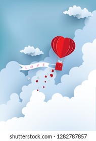 hot air balloon flying over the clouds. paper art design. happy loving day