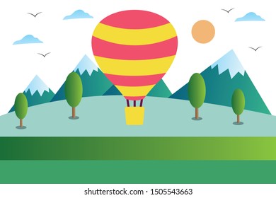 Hot Air Balloon Flying Over the Mountain - Illustration 