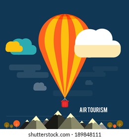 Hot air balloon flying over the mountain. Icons of traveling, planning a summer vacation, tourism and journey objects