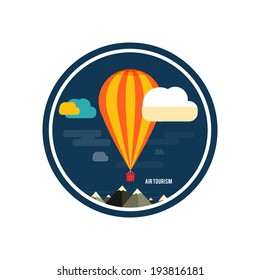 Hot air balloon flying over the mountain. Icons of traveling, planning a summer vacation, tourism and journey objects