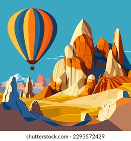 Hot air balloon flying over sandstone desert landscape. Turkey, Cappadocia. Vector illustration.