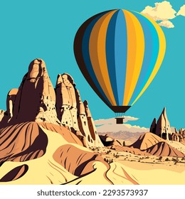 Hot air balloon flying over sandstone desert landscape. Turkey, Cappadocia. Vector illustration.