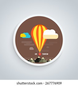 Hot air balloon flying over the mountain. Icons of traveling, planning a summer vacation, tourism and journey objects on round banner