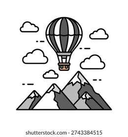 A hot air balloon flying over mountains