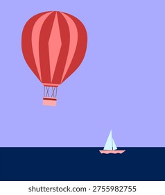 Hot Air Balloon Flying Over Sea with Small Sailboat
