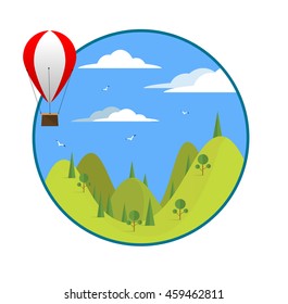 Hot air balloon flying over the fields is the mountains with trees. Travel concept illustration