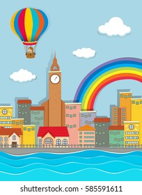 Hot air balloon flying over the city illustration