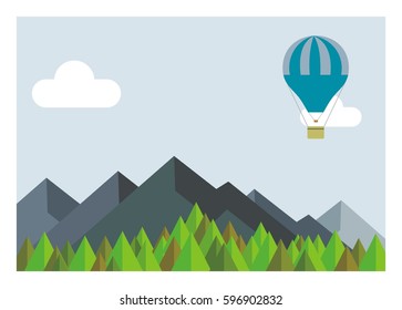 hot air balloon flying over the forest and mountains