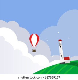 Hot air balloon flying over the field and lighthouse. Illustration of traveling, vacation and tourism concept. Vector