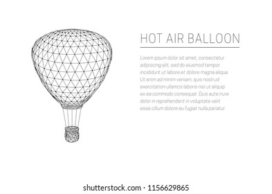 Hot air balloon flying in the  sky. Abstract geometric background. Wireframe  connection structure. Low polygonal design. Modern 3d graphic concept. Vector illustration.