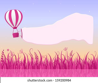 Hot Air Balloon Flying in Sky with Banner Copy Space in the Morning on Lake with Pink Grass Silhouette. Vector Illustration