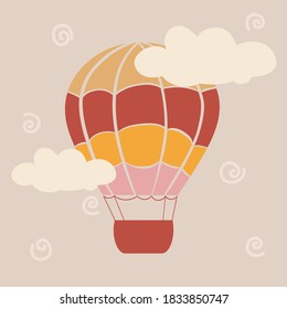 Hot air balloon flying in the sky. Flat cartoon design. Vector background. 