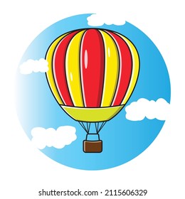 Hot air balloon flying in the sky with clouds. Vector cartoon design. Holiday icon illustration