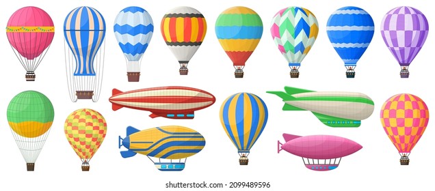 Hot air balloon, flying vintage aerostat and airships. Vintage sky transport, air journey flying aerostat vector symbols set. Retro airship and hot air balloon. Floating vehicles for adventure