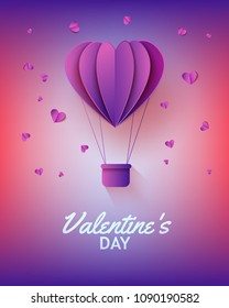Hot air balloon in form of heart in paper art on gradient background for Valentines Day greeting card - vector illustration of abstract aerostat and hearts made from paper or carton.