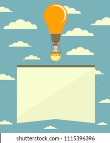 Hot air balloon in the form of lightbulb with banner. Vector illustration.