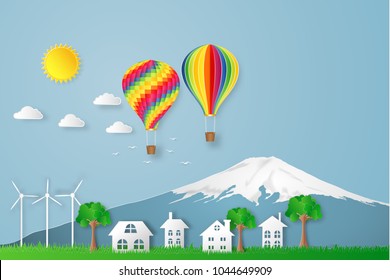 The hot air balloon, Fuji mountain and countryside on blue sky as travel, trip in the holiday , paper art and craft style concept. vector illustration.