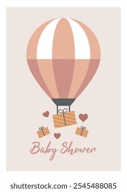 Hot Air Balloon with gifts and hearts. Flat illustration for Baby Shower design in cute pastel pink and beige colors. Drawing on isolated background for newborn shower greeting cards.
