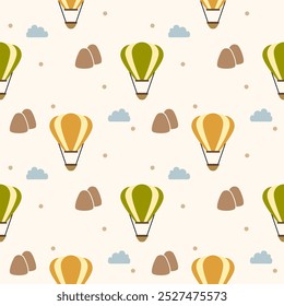 Hot air balloon green and yellow cartoon so cute. On mountain cloud background. Pattern seamless vector illustration. 
