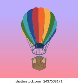 Hot air balloon. Hand drawn vector illustration isolated on gradient background. Modern flat cartoon style.