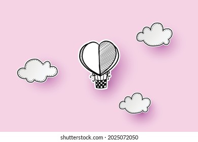 Hot air balloon in a heart shape on sky. Hand drawing and papercut.