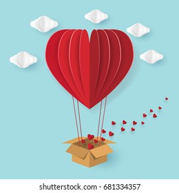 Hot air balloon in heart shape flying on blue sky with love concept.Vector illustration.