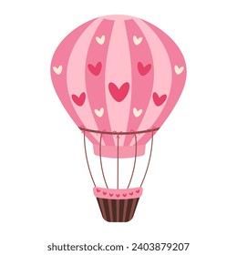 Hot air balloon with hearts. Valentine's day romantic clipart. Vector illustration in flat style.