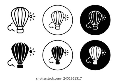 Hot air balloon icon. airship fly with basket to travel trip up in the sky outdoor activity logo mark set. hot air balloon with strip shape adventure freedom symbol vector