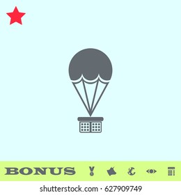Hot air balloon icon flat. Grey pictogram on blue background. Vector illustration symbol and bonus buttons medal, cow, earth, eye, calculator