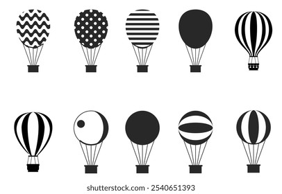 Hot air balloon icon set, silhouette design on white background. vector	