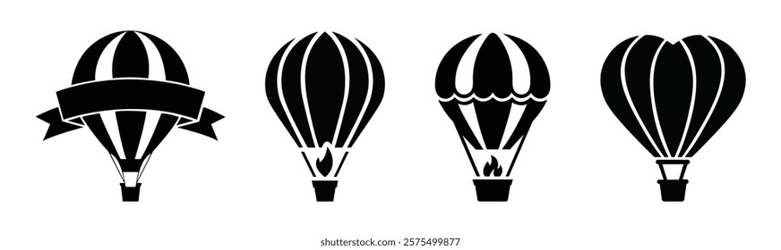 Hot air balloon icon set. Vintage sky transport, air journey flying aerostat vector symbol