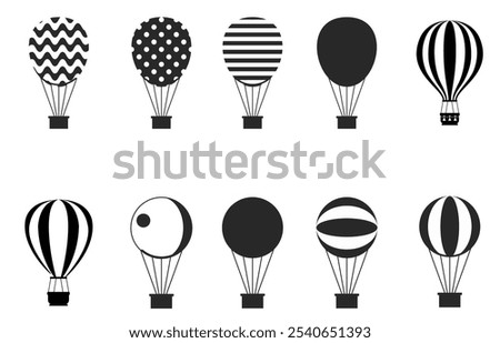 Hot air balloon icon set, silhouette design on white background. vector	