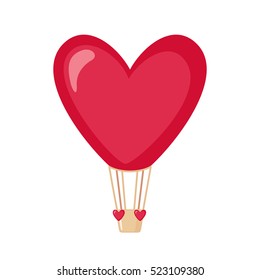 Hot air balloon icon in the shape of heart in flat style isolated on white background. Love concept. Design element for Valentine's day or Wedding. Vector illustration.