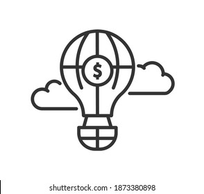 Icono de globo de aire caliente en el cielo con nubes en estilo de línea delgada. Señal de dinero en globo aerostático, símbolo de libertad de viaje y financiera. Ilustración del vector