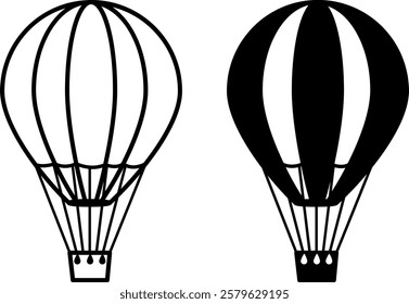 Hot Air Balloon Icons. Black and White Vector Icons. Aircraft with Attached Basket. Brazilian Carnival Concept
