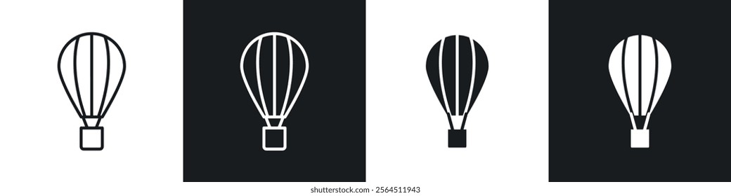 Hot air balloon icons collection in black filled and line style.