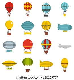 Hot air balloon icons set. Flat illustration of 16 hot air balloon vector icons isolated on white background