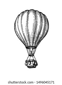 Hot air balloon. Ink sketch of aerostat isolated on white background. Hand drawn vector illustration. Retro style.