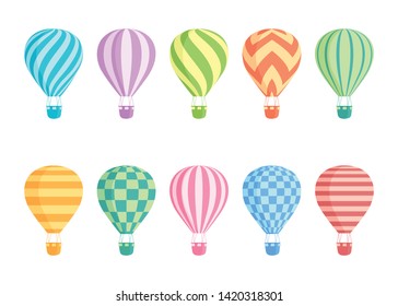 Hot air balloon isolated colorful vector set. Collection of colourful balloons with patterns zig zags, wavy lines, striped or checkered with basket and hot air in retro style for flight concept design