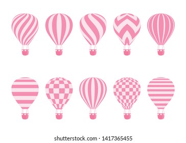 Hot air balloon isolated monochrome vector set. Collection of balloons with patterns zig zags, wavy lines, striped or checkered with basket and hot air in retro style for flight concept design