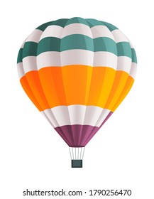 Globo de aire caliente aislado en ilustración vectorial de fondo blanco. Balón de aire caliente de aeronaves utilizado para volar gas. Consiste en una quemadora de gas, una concha y una canasta para transportar pasajeros. Viaje romántico en avión