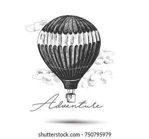 Hot air balloon isolated on white background - Hand Drawn Sketch Vector illustration.