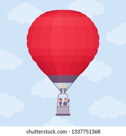 Hot air balloon journey for business people. Businessman and businesswoman floating high above, enjoy amazing project or startup adventure, move to new perspective and achievement. Vector illustration