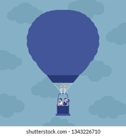Hot air balloon journey for business people. Businessman and businesswoman floating high above, enjoy amazing project or startup adventure, move to new perspective and achievement. Vector illustration