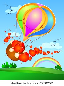 A hot air balloon lands on spreading hearts, vector